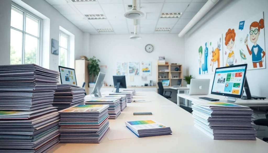 Atlas Direct Mail workspace featuring colorful printed materials and modern technology.