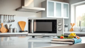 Boost microwave oven sales with a modern kitchen showcasing a sleek, stylish microwave.