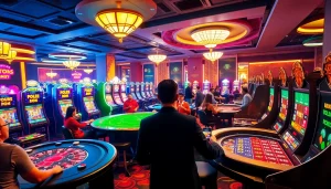 Exciting gaming scene at 23WIN online casino, featuring players engaged at gaming tables and colorful slot machines.