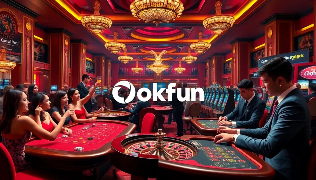 Players enjoy a thrilling gaming experience at the Okfun casino, celebrating wins at poker and slots.