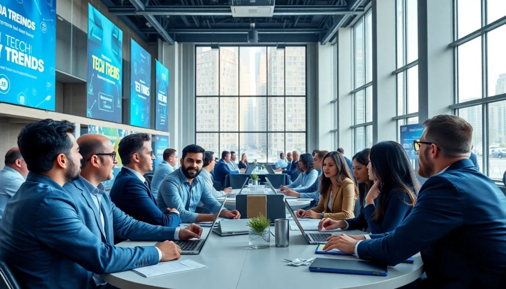 Attendees actively participating in a technology conference USA, exchanging ideas at a modern venue.