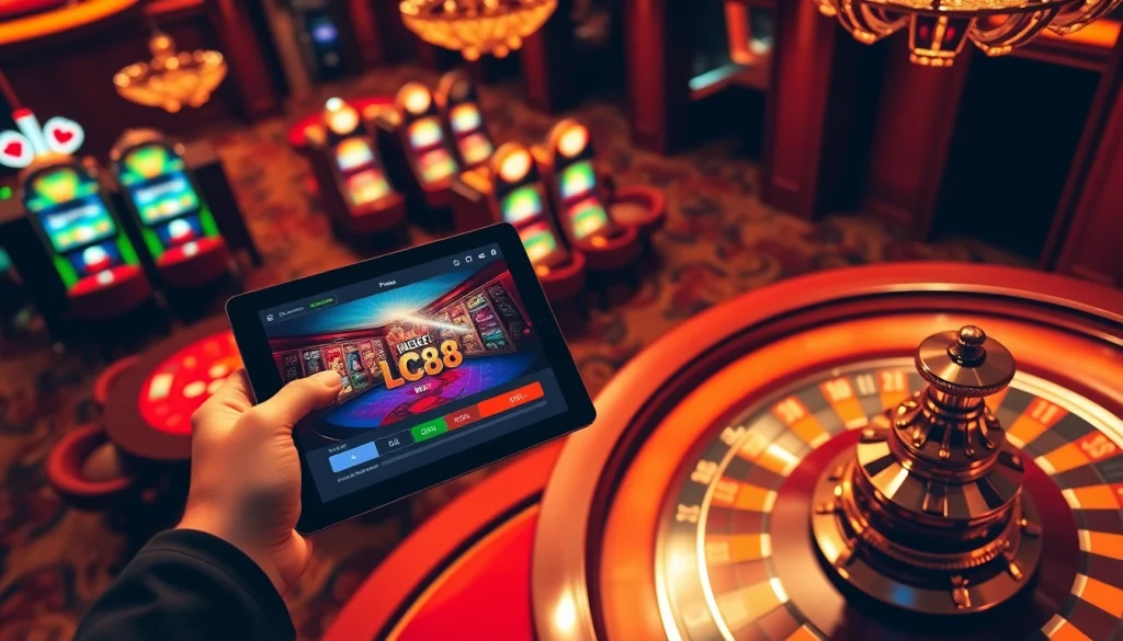 Engaging scene of LC88 online gambling interface among poker chips and slot machines.