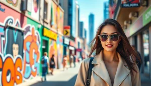 Stylish woman in vibrant urban setting highlighting Fashion and Apparel trends, exuding confidence and energy.