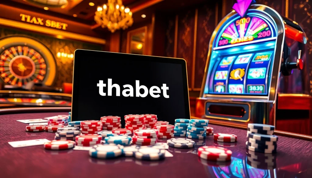 Experience the vibrant excitement of gambling at Thabet with a lively casino scene, showcasing the link thabet prominently within a modern interface.