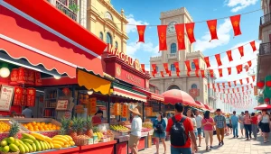 Bergembiranya suasana lemacau dengan penjual makanan dan pelancong yang berinteraksi.