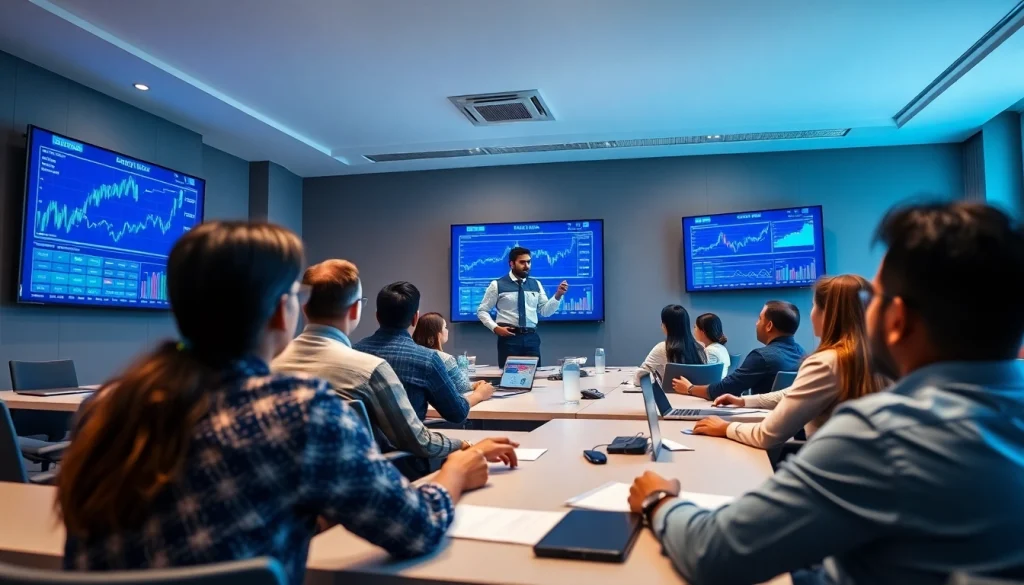 Stock market training institute in Kerala with students engaged in learning from an expert, showcasing a modern classroom atmosphere.