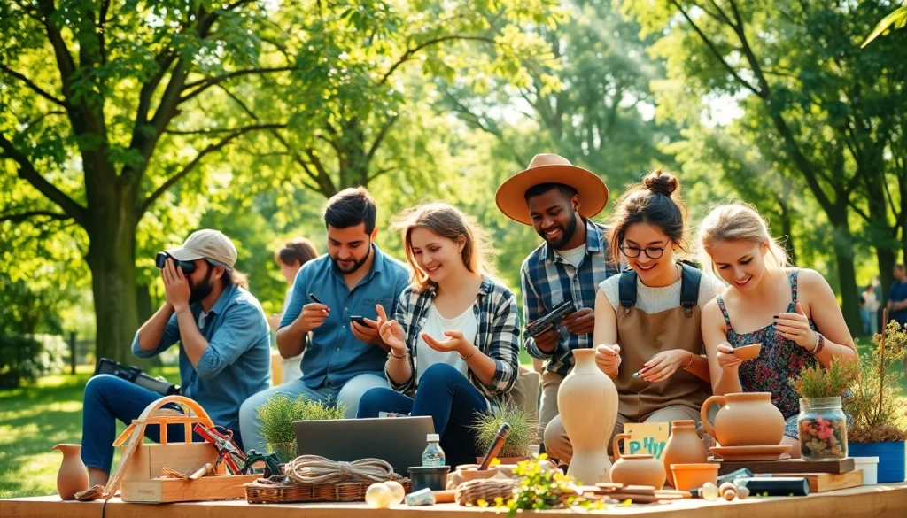 Individuals exploring niche hobbies in a vibrant outdoor setting, showcasing creativity and community.