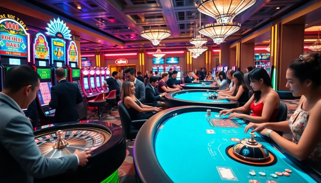 Experience excitement at MMOO's vibrant casino with slot machines, poker tables, and lively players.