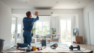 Efficient ductless mini-split installation by an HVAC technician in a modern living room.