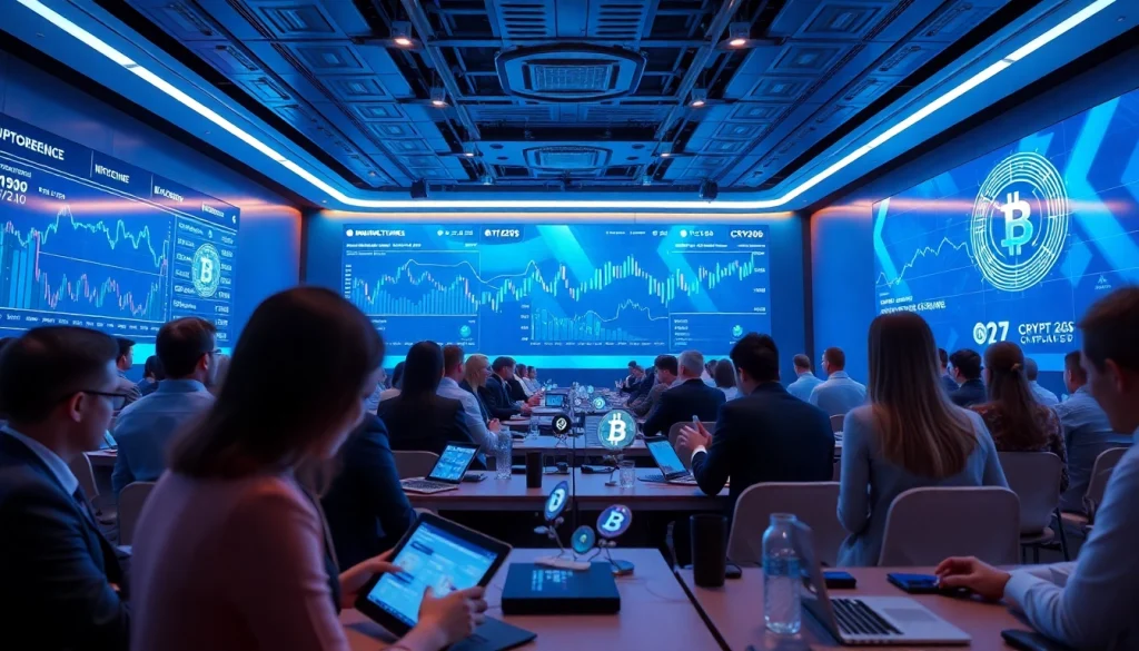 Dynamic Crypto 2026 conference scene with professionals and digital displays.