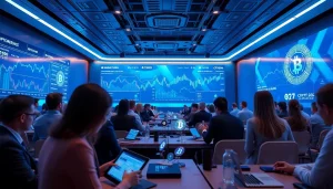 Dynamic Crypto 2026 conference scene with professionals and digital displays.