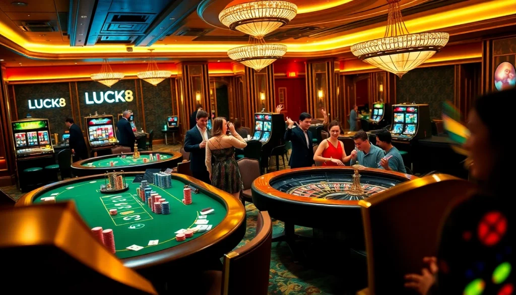 LUCK8 players engaged in a thrilling gambling atmosphere at the casino tables with vibrant lights.