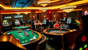 LUCK8 players engaged in a thrilling gambling atmosphere at the casino tables with vibrant lights.