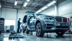 ScuffDoc technicians performing precise vehicle bodywork repairs in a vibrant workshop.