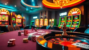 Experience thrill and excitement at U888 with vibrant gaming tables and engaging casino elements.