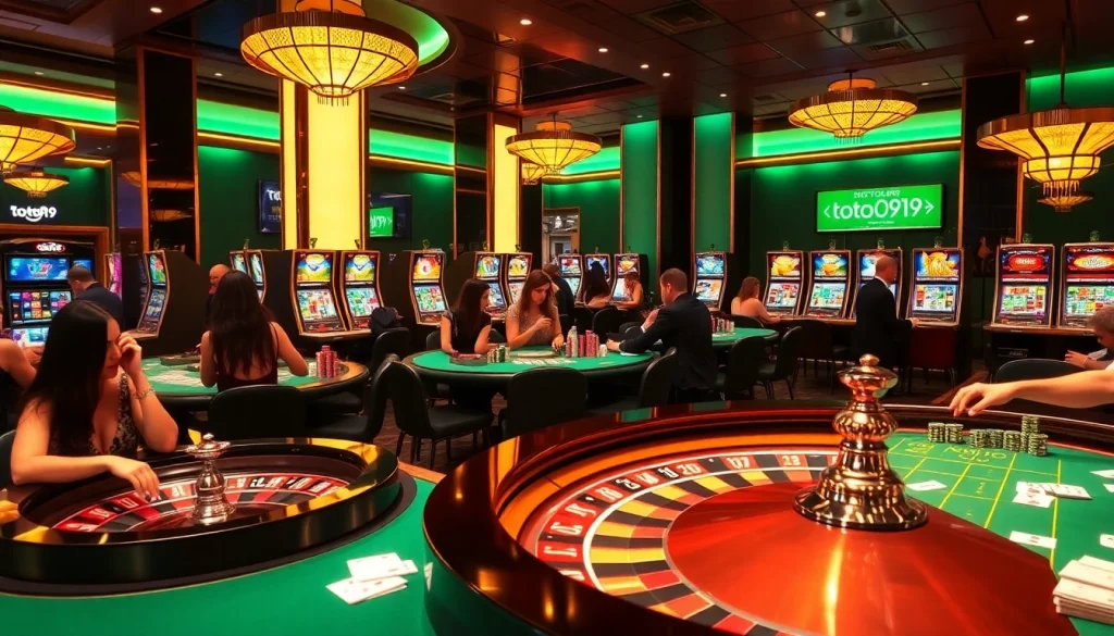 Experience the thrill of toto919 with luxury casino gaming tables, vibrant slot machines, and eager players.