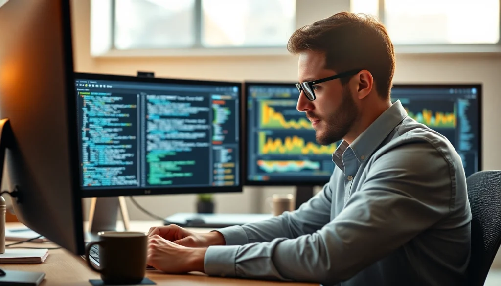 Optimize meta tags in a modern office environment showcasing a web developer at work.