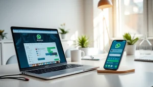 WhatsApp Web interface displayed on a laptop, showing seamless connectivity between devices in a modern workspace.