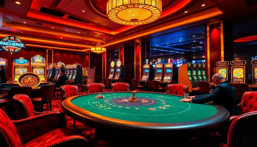 Adegan kasino yang mendebarkan dengan pemain poker dan mesin slot yang diciptakan oleh jmacdonaldphoto.com.