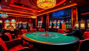 Adegan kasino yang mendebarkan dengan pemain poker dan mesin slot yang diciptakan oleh jmacdonaldphoto.com.