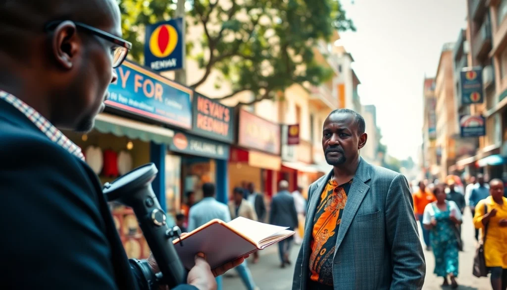 Engaging coverage of Kenya news today illustrated through a journalist interviewing locals.