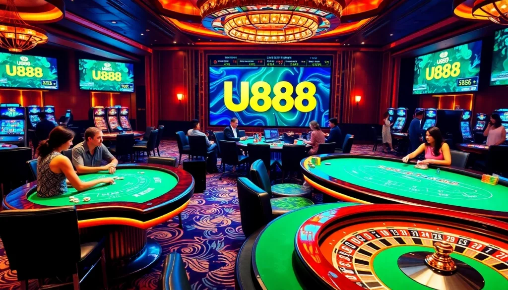 Experience the excitement of U888 with players enjoying thrilling casino games in a luxurious setting.