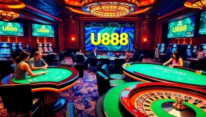 Experience the excitement of U888 with players enjoying thrilling casino games in a luxurious setting.