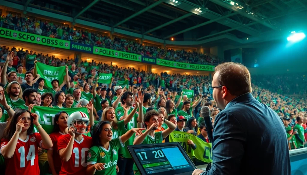 Fans enjoying a live match on https://socolive.gold/ at a vibrant stadium, highlighting passion for football.