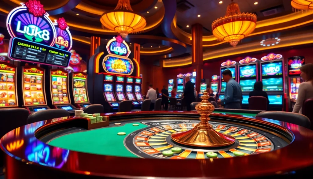 LUCK8 players enjoying a thrilling casino experience with roulette, slot machines, and poker cards.