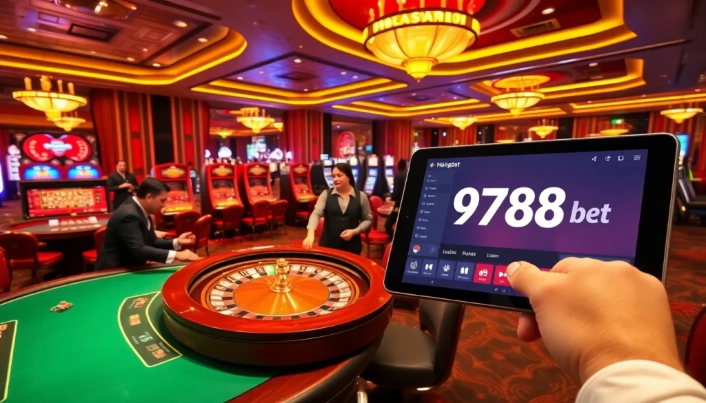 Exciting gaming scene showcasing https://9789bet.com/ with roulette, poker tables, and a vibrant casino atmosphere.
