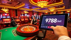 Exciting gaming scene showcasing https://9789bet.com/ with roulette, poker tables, and a vibrant casino atmosphere.