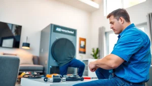 Technician servicing an american standard hvac unit in a bright modern home.