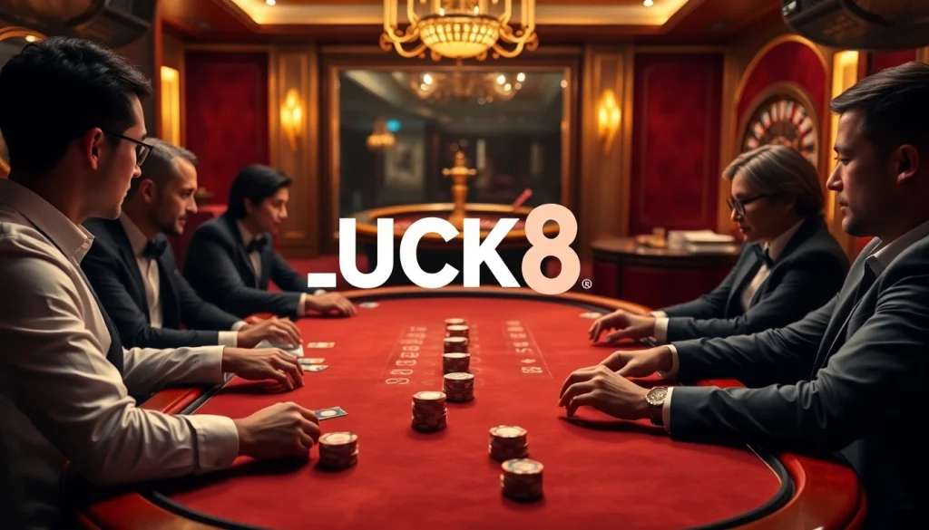 LUCK8 logo highlighted amidst an upscale casino scene with players at a poker table.