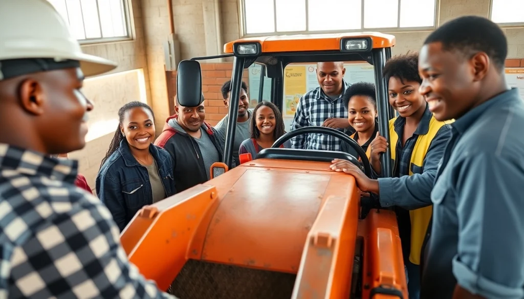 TLB training Durban: Students learning to operate a Tractor Loader Backhoe under expert supervision at Abethu Skills Development Center.