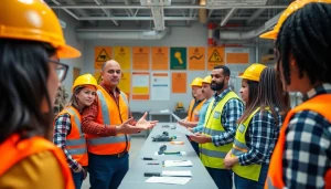 Engaging construction safety training session showcasing instructors and participants with safety gear.