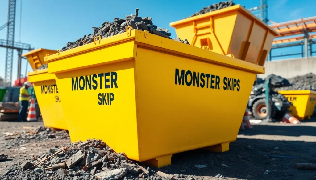 Operational "Monster Skips" on a construction site, actively managing waste for efficiency.