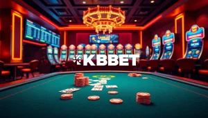 KBBET’s online casino atmosphere featuring poker chips and roulette wheels, inviting players to enjoy thrilling games.