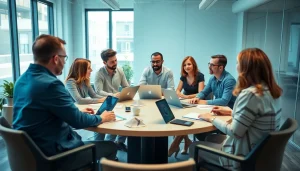 Engaging discussion by social media marketing companies edmonton professionals in a modern office space.