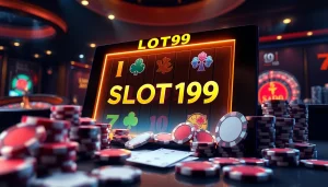 Engaging SLOT99 slot machine interface showing large win animation with poker chips and bonus credits