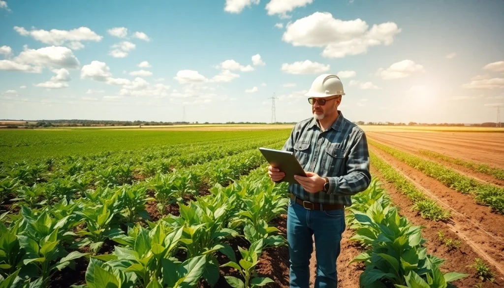 Engineer assessing land irrigation systems in a lush field of crops.