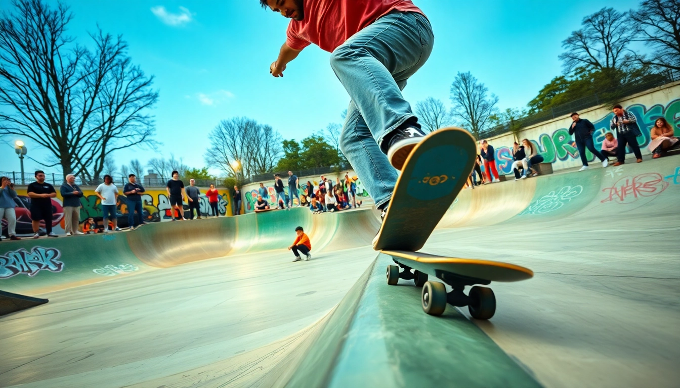 Engaging Cours skate paris lesson with students practicing tricks in a vibrant skate park.