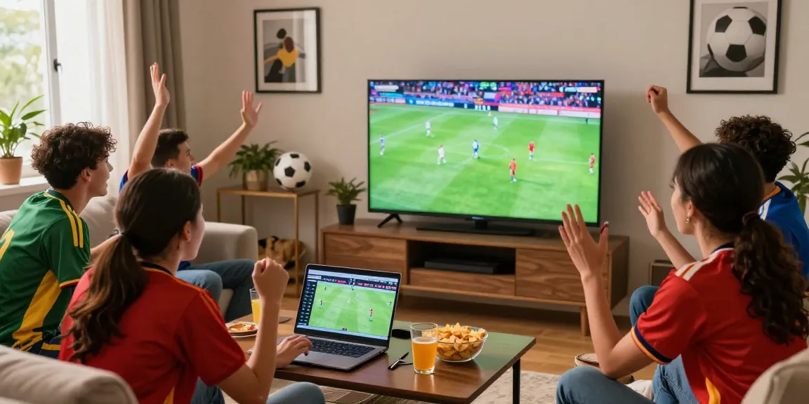Pengalaman live streaming bola di ruang tamu dengan teman-teman, suasana meriah, layar TV besar dan semangat sepak bola.